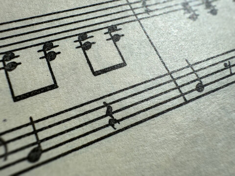 Close up of sheet music notes and textured paper. Musical notes on sheet music with clear details. Image of a sheet of music with notes. For scrapbooking collage, journal design, and craft projects.