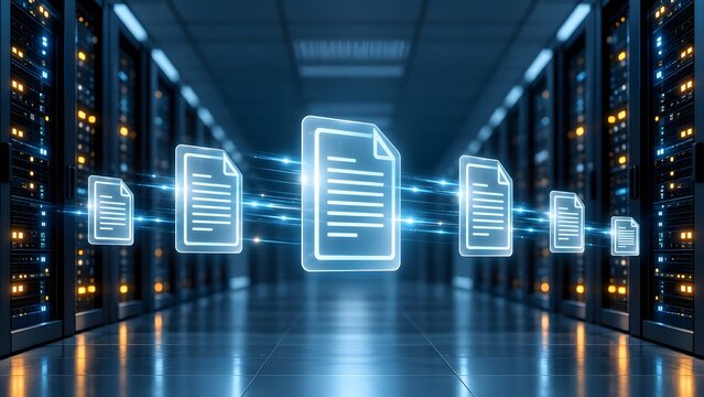Glowing digital document icons transferring data through fiber optic trails in modern server room
