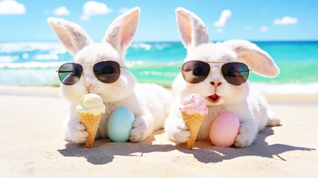 Rabbits eat ice cream on a sun-drenched, pristine sandy beach with Easter eggs by the sparkling turquoise sea and under a clear blue sky, seasonal, holiday offers