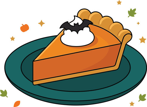 A slice of pumpkin pie with whipped cream and a small bat decoration on a teal plate