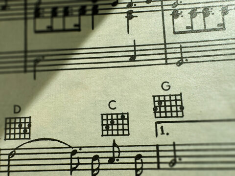 Close up of sheet music notes and textured paper. Musical notes on sheet music with clear details. Image of a sheet of music with notes. For scrapbooking collage, journal design, and craft projects.