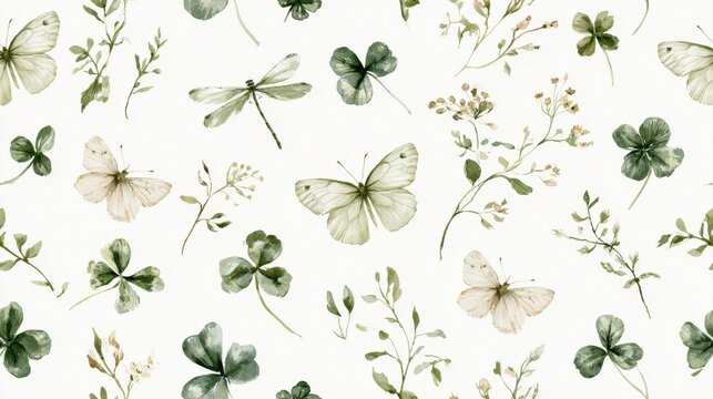 Seamless pattern with watercolor butterflies, dragonflies, and clover leaves isolated on white background