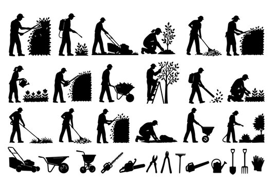 Silhouette di giardinieri al lavoro con attrezzi per la cura del verde. Generative AI 