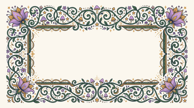 Decorative rectangular frame with floral ornaments and mushrooms in a whimsical fantasy style.