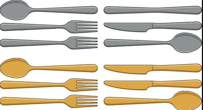 Cutlery set spoon fork knife silver gold vector illustration, tableware flatware icons collection isolated on white background stock art
