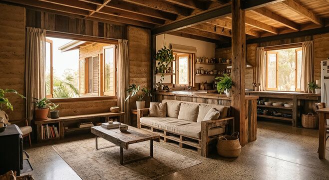 Interior con ventanales grandes y luz natural c&aacute;lida