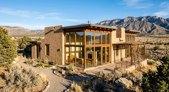 Casa de adobe con grandes ventanales en paisaje &aacute;rido
