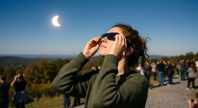 Persona observando un eclipse solar con lentes especiales