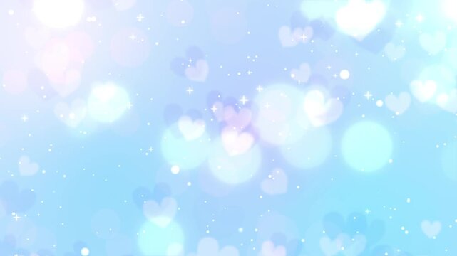 ハートのボケと光の粒子が浮遊するライトブルーのシームレスループ動画素材/ Abstract glowing heart bokeh and particles loop on light blue background