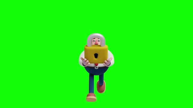 3D Illustration Businessman Running with Padlock Security Concept Front View on Green Screen


