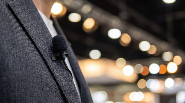 Closeup of a lapel microphone attached to a mans dark grey suit jacket, with blurred stage lights in the background