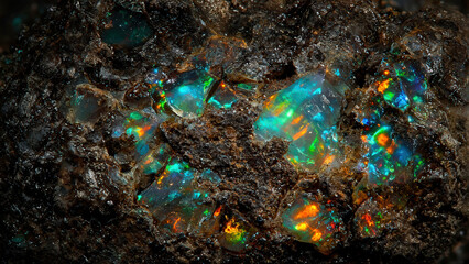 Obraz premium Fiery Opal Glows Inside Ancient Dark Stone