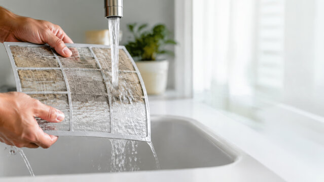 Aircon filter cleaning with water for dust removal in bright home utility sink