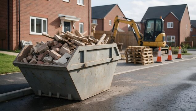 Construction Waste Skip Placed on a Residential Road During New Housing Project Development