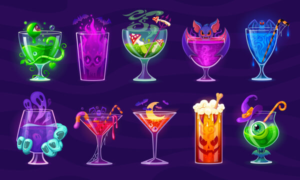 Halloween scary cocktails served in spooky glasses with glowing neon colors. Vector cartoon Halloween cocktail drinks decorated with eerie eyeballs, bats and mushrooms, ghosts, witch hat and bubbles