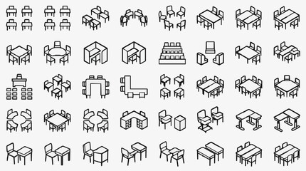Fototapeta premium Creative furniture arrangements and office setups in minimalist line art style