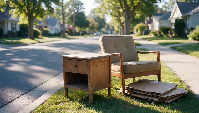 Discarded Vintage Chair and Wooden Nightstand Placed on a Suburban Lawn for Curbside Collection
