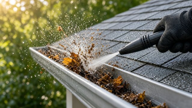 Professional Pressure Washing Services Removing Debris from Residential Roof Rain Gutters