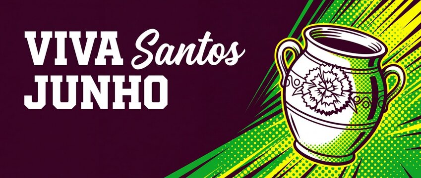 Festa Junina Santos Populares Banner for Portuguese summer festival celebration featuring traditional ceramic pot vector illustration in vibrant comic pop art style with colorful halftone background