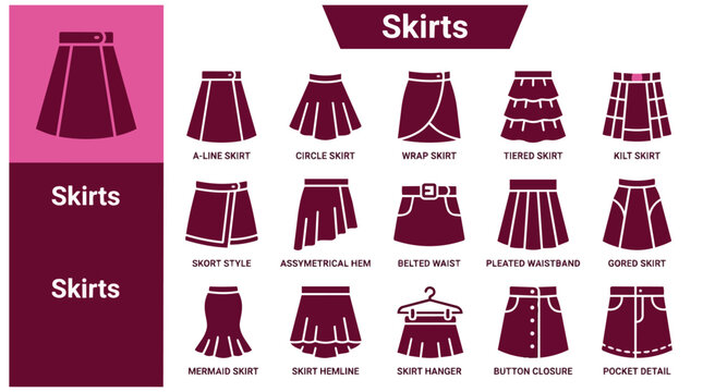 Set of 15 Skirt Style Icons for Fashion Design, Clothing Guide, and Female Apparel Infographic