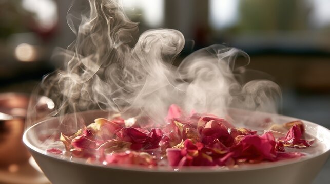 Steam rising from white bowl of floating red rose petals in spa treatment room creating aromatic relaxation atmosphere