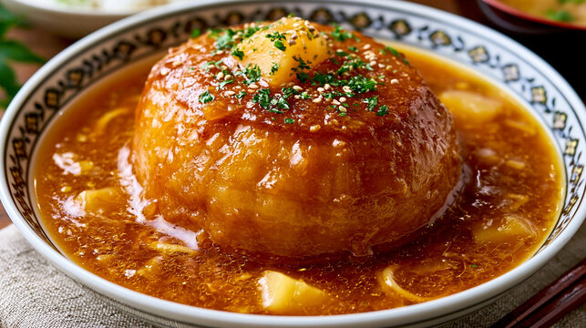 Savory salisbury steak patty covered in rich brown gravy and topped with herbs