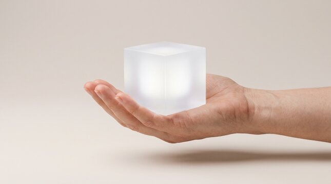 A person holding a glowing illuminated glass cube in their open hand with glass block illuminated object light cube magic cube modern lighting translucent cube minimalist decor led cube