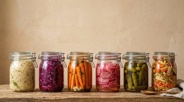 Variety of healthy fermented probiotic vegetables in glass jars