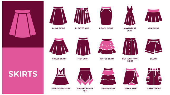 Collection of Different Women Skirt Styles and Fashion Garment Types Icons Set in Pink Color Tones