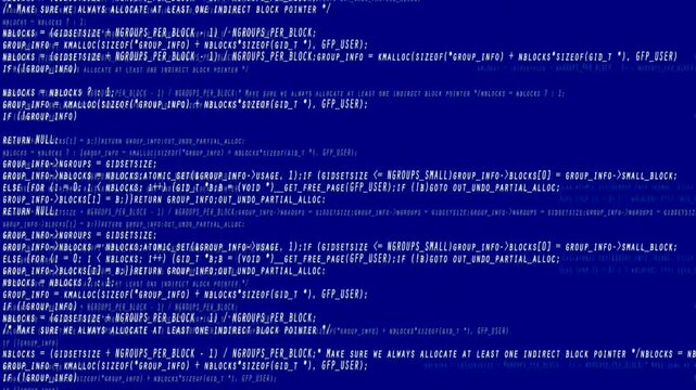 Layered white monospaced programming code scrolls across deep blue screen with horizontal glitch distortion bands