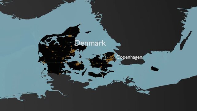 Denmark 3D Graphic Map Animation with Copenhagen Spotlight and Regional Nodes