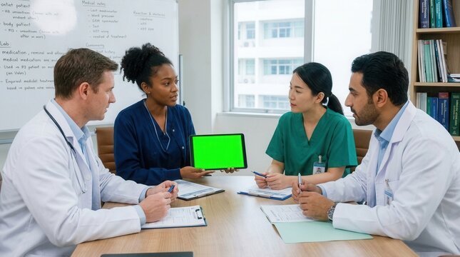 Diverse Medical Professionals Collaborating Around a Tablet Displaying Green Screen