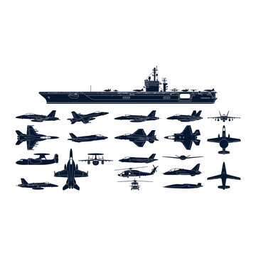 Blue silhouettes of a naval aircraft carrier and various military fighter jets and helicopters isolated on a white background