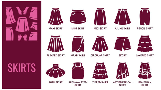 Set of fifteen icons showing different women skirt styles and types for fashion design guide