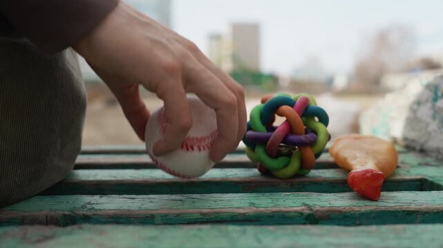 Person interacts with dog toys on green wooden surface including picking up and moving objects like baseball. fluffy white animal is visible in background as various pet items are arranged