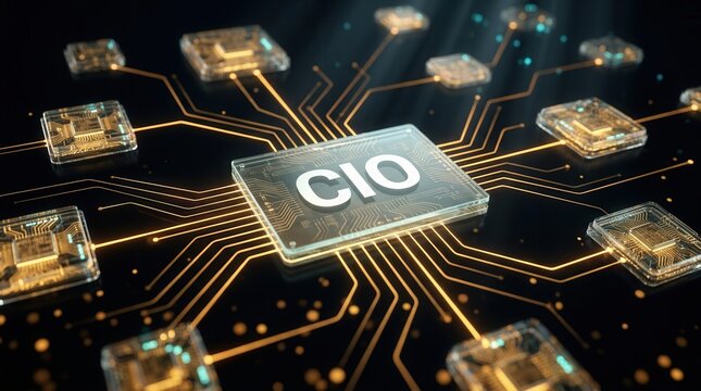 A glowing digital network diagram representing the CIO role and organizational hierarchy.