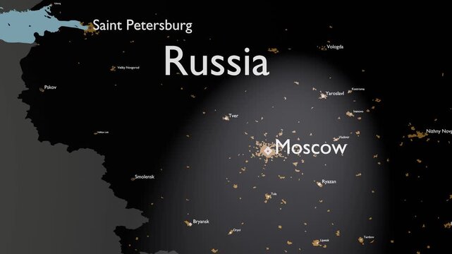 Moscow and Saint Petersburg 3D Map Zoom Highlighting Russian Urban Hubs