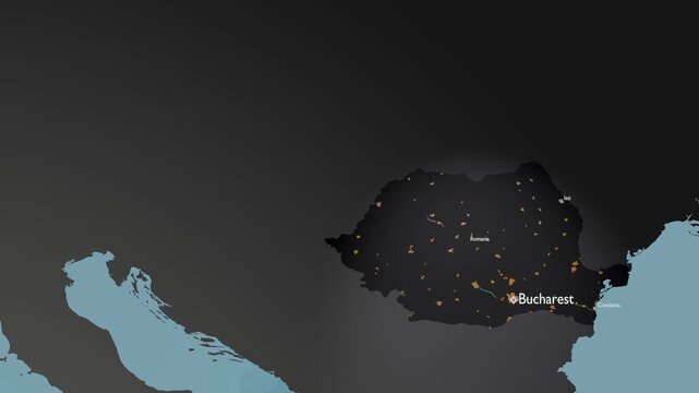 Romania 3D Geographic Map Animation Highlighting Bucharest and Regional Nodes