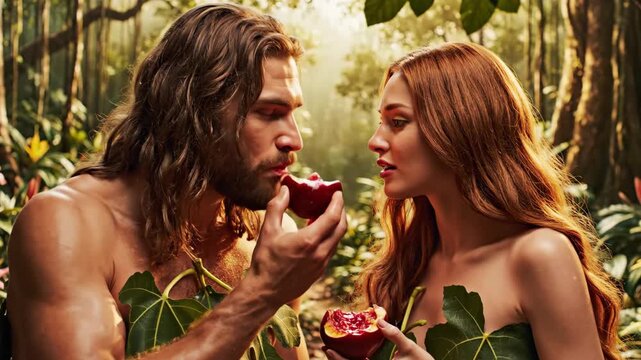 Adam and Eve in the Garden of Eden. Biblical couple eating the forbidden fruit. Narrative of the fall of man in paradise