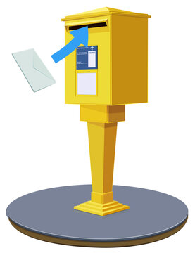 Classic yellow postal mailbox on pedestal and pavement with letter and arrow representing mail dispatch, courier logistics, and communication services (cut out)