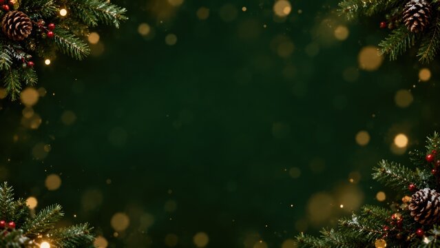 dark green christmas background surrounded by fir tree branches and pine cone advent decoration with gold glowing bokeh lights