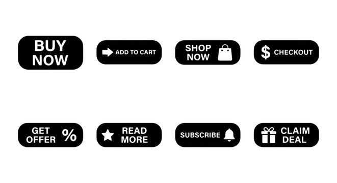 Set of 8 Black Vector Buttons: Buy Now, Add to Cart, Shop Now, Checkout, Get Offer, Read More, Subscribe, Claim Deal