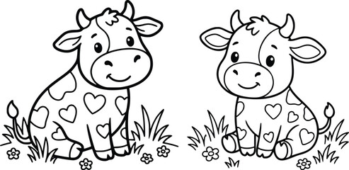 Obraz premium Cute cartoon cow coloring page for kids, adorable baby calf with heart spots in grass, black and white outline vector illustration for children book