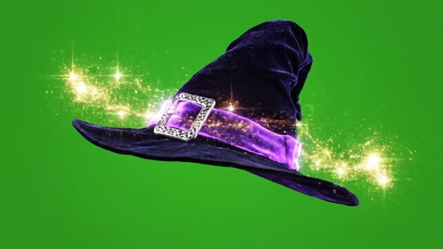 3d animation floating magical witch hat stardust 4k green screen loop for halloween,