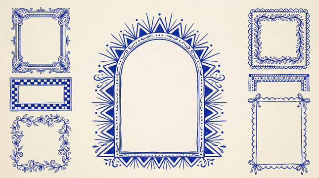 Set of handdrawn decorative frames and borders in blue ink style