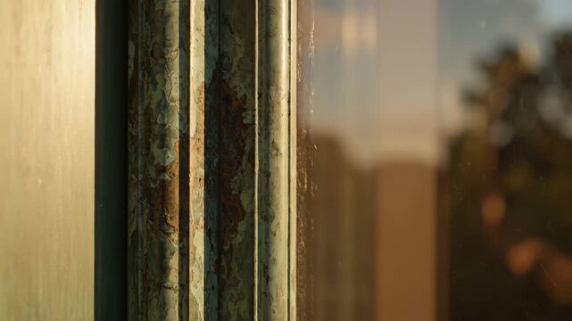 Close-up of weathered bronze window frame with fluted details. Aged architectural element of an old building. Vintage design for apartment renovation