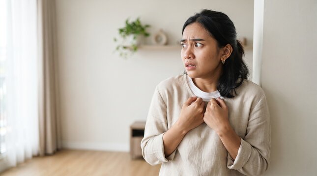 A young Asian woman with a terrified expression clutches her shirt collar, looking anxiously to the side in a brightly lit room.