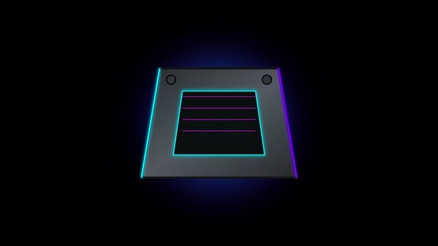 Futuristic neon control panel with glowing cyan and purple lights in dark room