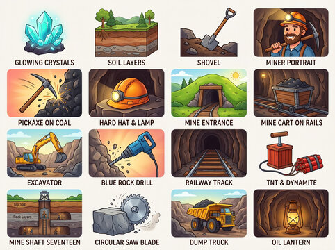 Set of mining industry icons and equipment, including tools, machinery, underground tunnels, and resources in cartoon style