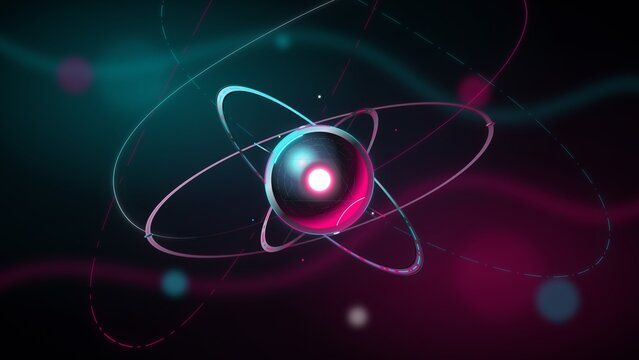 Futuristic atom model with glowing core and orbital rings in dark space